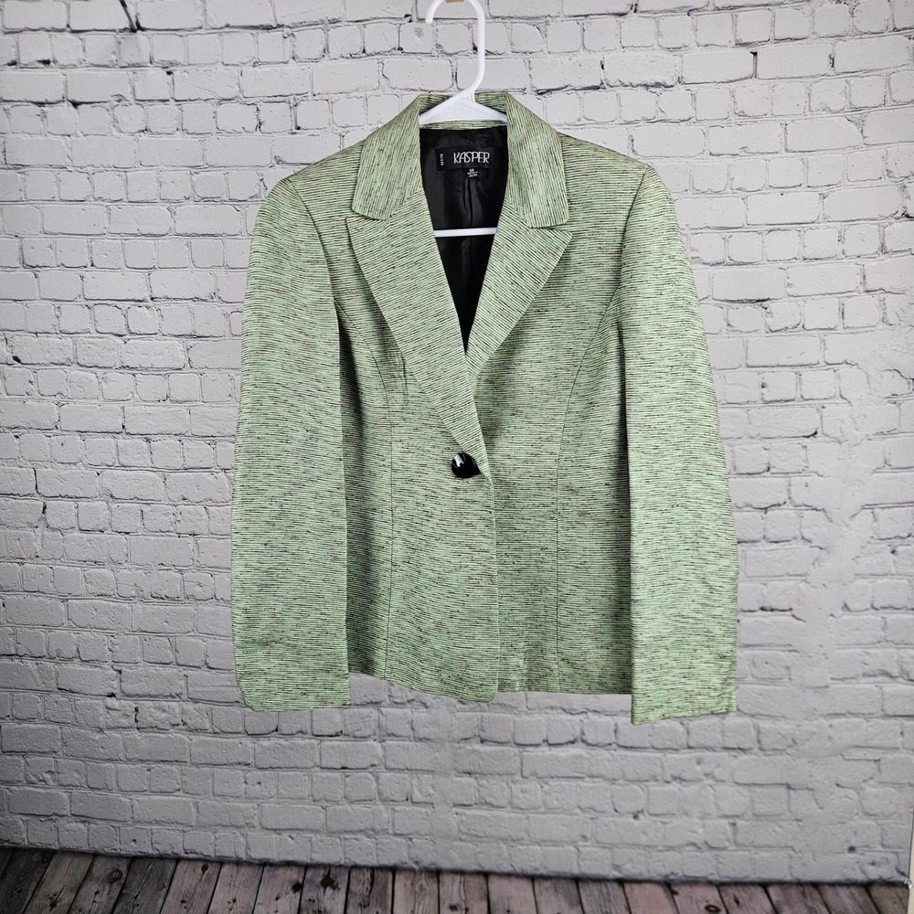 Kasper Petite Silk Blend Blazer Lime Green Black Striped One Button Jacket 2P